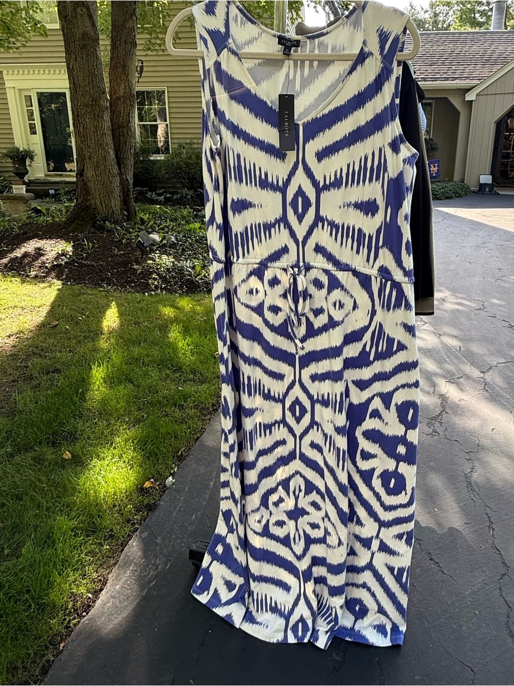 Talbots Woman 1X NWT Blue White Ikat Jersey Maxi Dress Drawstring